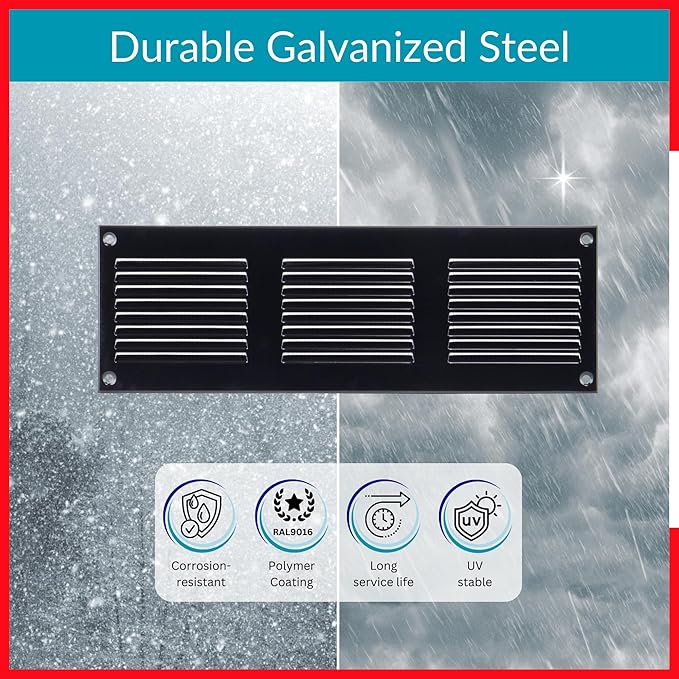 10x2 Vent Cover (Duct Opening) - Black HVAC Return Air Grille for Wall and Ceiling - Metal AC Vent Cover with Mesh - Rectangular Ventilation Register - External Dimensions: 11.81" W x 3.94" H - Image 3