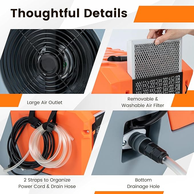 COSTWAY 180 PPD Crawl Space Dehumidifier with Pump, Drain Hose, Auto Defrost, 6,000 Sq. Ft Commercial Dehumidifier for Basement, Warehouse, Job Site, Water Damage Restoration, Orange - Image 7