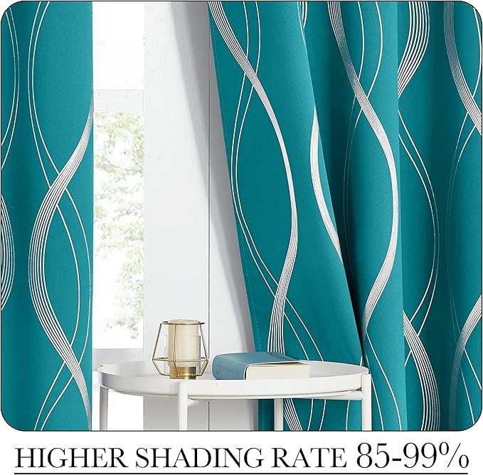 NICETOWN Room Darkening Curtains for Bedroom, Peacock Teal, 2 Panels, 52 x 84 inch, Noise Reducing Thermal Insulated Wave Line Foil Print Design Blackout Curtains for Storage Office Work Area - Image 4