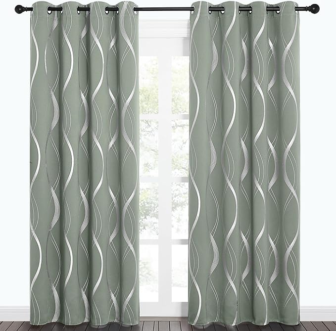 NICETOWN Greyish Green Curtain Panels for Bedroom, 2 Panels, 52 x 84 inch, Thermal Insulated Wave Line Foil Print Design Drapes for Patio Sliding Glass Door Spring Home Decor by NICETOWN