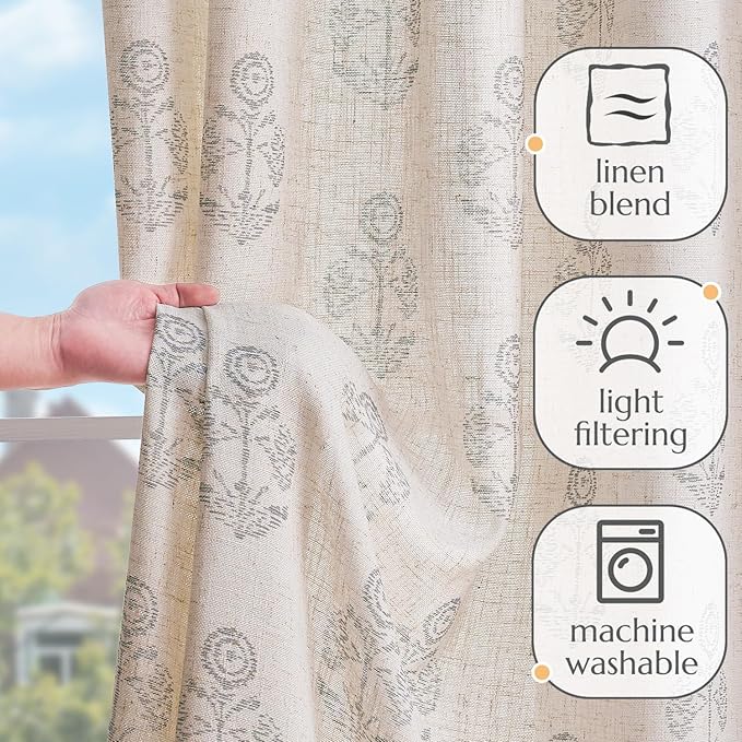 jinchan Linen Floral Curtains for Living Room 63 Inch Length Gray Flower Cottage Core Farmhouse Curtains Rod Pocket Back Tab Boho Semi Sheer Window Drapes Bedroom Set 2 Panels Grey on Beige - Image 4