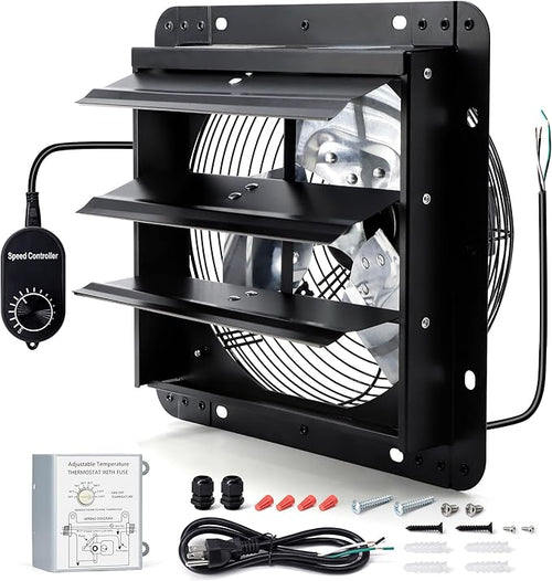 10 Inch Wall Mounted Shutter Exhaust Fan with Thermostat and Speed Controller for Attic, Greenhouse, Shed, Garage, Chicken Coop, Shop, Barn Ventilation, 820 CFM Louvered Vent Fan, Black by Hipoilk