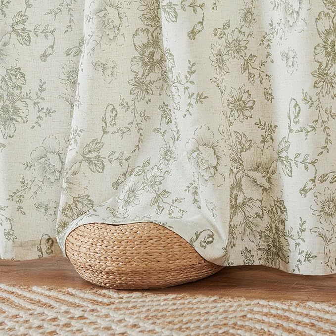 jinchan Linen Floral Curtains 100 Inch Extra Wide for Patio Sliding Glass Door Room Divider Curtain for Living Room 96 Inch Length Farmhouse Peony Green Printed Curtain Set 1 Panel - Image 7