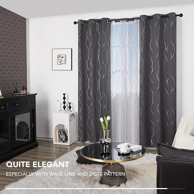 Deconovo Grey Blackout Curtains for Bedroom, Thermal Insulated Soundproof Drapes, Wave Dots Foil Print, 38 x 84 Inches Long, 2 Panels, Machine‑Washable Privacy Window Panel for Living Room Patio Door - Image 3