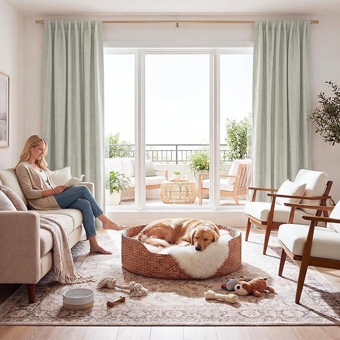 RYB HOME Cream Color 100% Blackout Curtains for Bedroom 102 inch Long 52 inch Wide, Linen Blackout Curtains Privacy Protection& Thermal Insulated for Sliding Door/Living Room, 2 Panels by RYBHOME