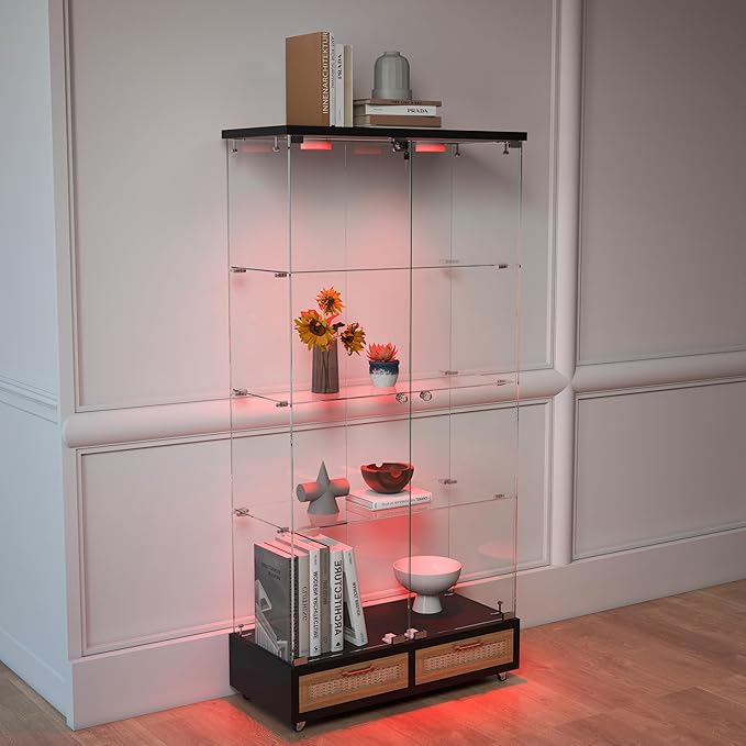 Yoluckea 4-Tier Glass Display Cabinet with LED Lighting and 2 Drawers, 2-Door Floor Standing Curio Cabinet with Wheel for Home, Office, Corner Display, Black Glass Bookshelf for Collections and Decor - Image 8