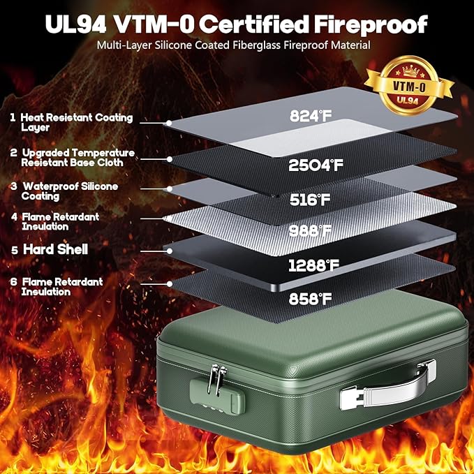 Fireproof Document Box, Hard Case Highly Flame-Resistant Fire Proof Waterproof File Organizer with Lock, Portable Fire Safe for Important Documents & Valuables Storage (Green, ‎15"*11"*5") - Image 2