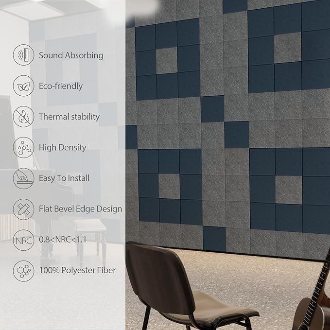 12 Pack Acoustic Panels Self Adhesive Sound Proof Foam, High Density Sound Acoustic Panel, 12X12X0.4 Inch Square Panels in Home, Office, Reccording Room, Studio,and more(Moonlight Grey) - Image 5