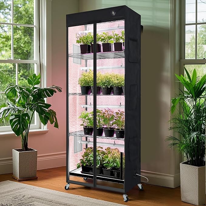 WORTH Mini Greenhouse with LED Grow Lights & Digital Thermo-Hygrometer – Portable Indoor Plant Grow Tent with Oxford Fabric Cover, Adjustable Shelves, Casters & Ventilation Flaps for Seed Starting - Image 8