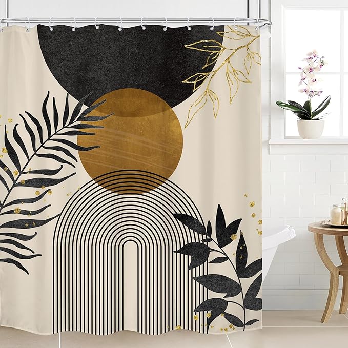 Black Boho Shower Curtain 60Wx72H Modern Bohemian Abstract Brown Tan Mid Century Gold Leaves Plant Botanical Arch Bathroom Decor Minimalist Geometric Bath Curtain Fabric Polyester 12 Pack Hooks by MitpokBrand