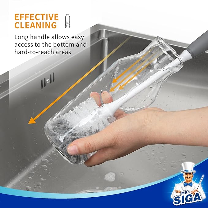 MR.SIGA Long Handle Bottle Brush, Flexible Scrub Brush for Water Bottles, Glasswares, Mugs, Gray, 2 Pack - Image 4