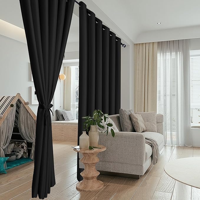 Hiasan Sliding Glass Door Blackout Curtains for Privacy,Thermal Insulated Grommet Curtain for Room Divider,Shared Office Space,Apartment,1 Drape Panels Sewn with Tiebacks,8.3ft Wide x 7ft,Black - Image 4