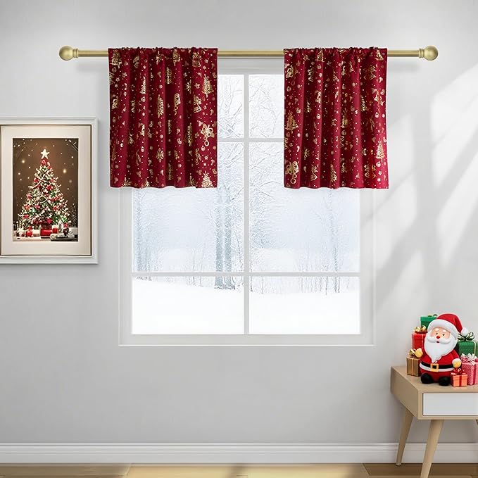 NICETOWN 2 Panels Christmas Cafe Curtains for Kitchen, Red Rod Pocket 29 x 36 Inch Short Curtains for Small Window Treatment, Holiday Xmas Decor Tiers for Bathroom, Dining Room - Image 8