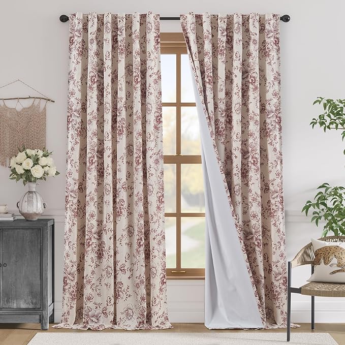 jinchan Blackout Floral Curtains Linen Blend Curtain for Living Room 96 Inch Length Farmhouse Brick Red Flower Printed Drapes for Bedroom Rod Pocket Back Tab Curtains Set 2 Panels by JINCHAN