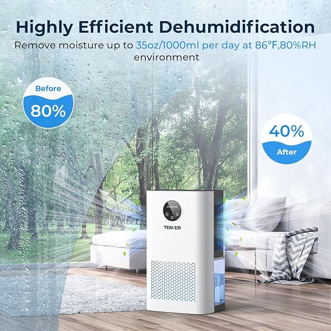 TENKER Dehumidifier for Home, 77 OZ Water Tank (1000 sq.ft) Dehumidifiers, Quiet Dehumidifier with Sleep Mode, Auto Shut Off, 7-Color LED Light for Closet Bedroom Bathroom Basement RV, White - Image 3