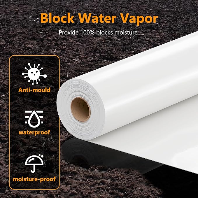 Crawl Space Vapor Barrier, 10mil Film, 10'x50', White Plastic Sheeting - Thick Plastic Sheeting, Heavy Duty Polyethylene Film, Drop Cloth Vapor Barrier Covering for Crawl Space, Garden, Basement - Image 4