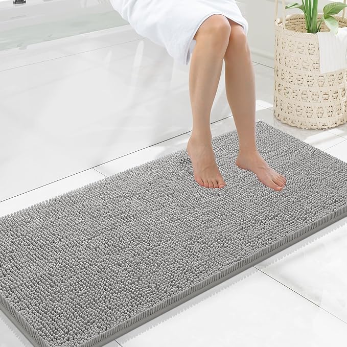 Smiry Luxury Chenille Bathroom Rugs 47x20, Extra Soft and Absorbent Shaggy Bath Mat, Machine Washable, Non-Slip Plush Carpet Runner for Tub, Shower, and Floor, Home Decor Accessories, Light Grey by Smiry