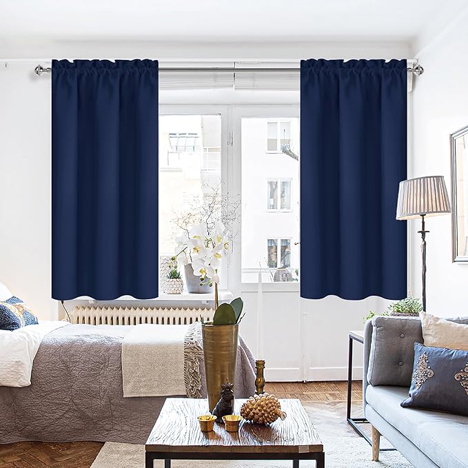 DWCN Kitchen Curtains for Small Windows 45 inch Long 2 Panels Set, Navy Blackout Room Darkening Short Drapes for Bedroom, Rod Pocket Thermal Insulated Window Treatment (W38 x L45 Inch, Navy Blue) - Image 2