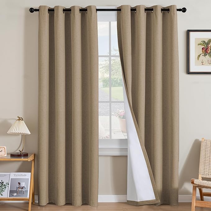 H.VERSAILTEX Linen Curtains 100% Blackout Curtains for Bedroom 108 inch Long Full Light Blocking Nature Linen Blended Window Curtains for Living Room Nickel Grommet (2 Panels, Heathered Macchiato) by HVERSAILTEX