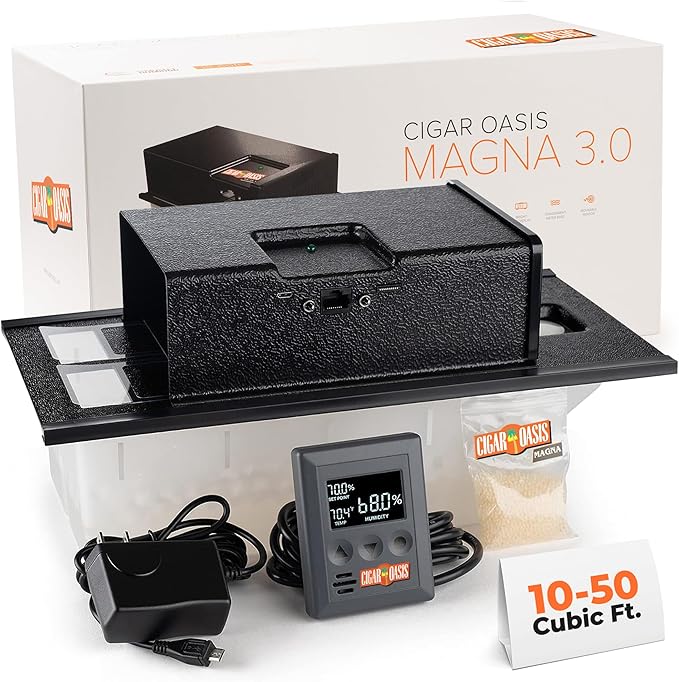 Cigar Oasis Magna 3.0 Cigar Humidor Humidifier - Electric Humidifier for Cigars - LCD Humidity & Temperature Display - Efficient Sensor Controlled Fan - Soft-Touch Button - 10-50 Cubic Ft Cabinet by CigarOasis