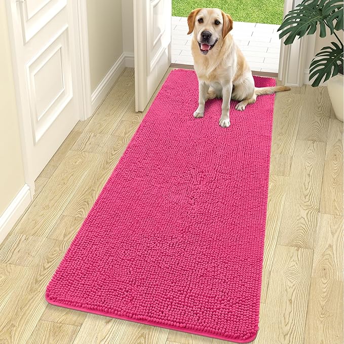 OLANLY Dog Door Mat for Muddy Paws 70x24, Absorbs Moisture and Dirt, Absorbent Non-Slip Washable Doormat, Quick Dry Chenille Mud Mat for Dogs, Entry Indoor Entryway Carpet for Inside Floor, Hot Pink by OLANLY