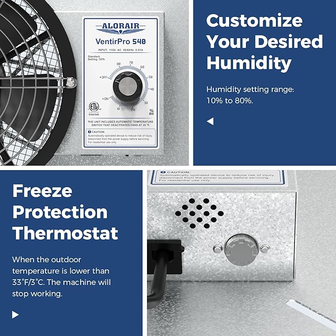 ALORAIR 540 CFM IP-55 Grade Crawlspace Ventilation Fans with Humidistat & Thermostat, 8.7 inches Basement Vent Fans with Isolation Mesh, Ventilator Fan for Crawl Space Basement Attic Garage, Exhaust - Image 4