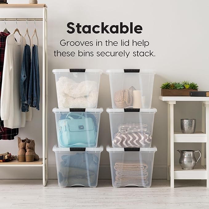 IRIS USA 6-Pack 54 Quart Stackable Storage Bins with Lids [Made in USA] - Everyday Organizer Latching Clear Plastic Organization Containers Closet Bedroom Shelving Units Home Storage - Clear/White - Image 5