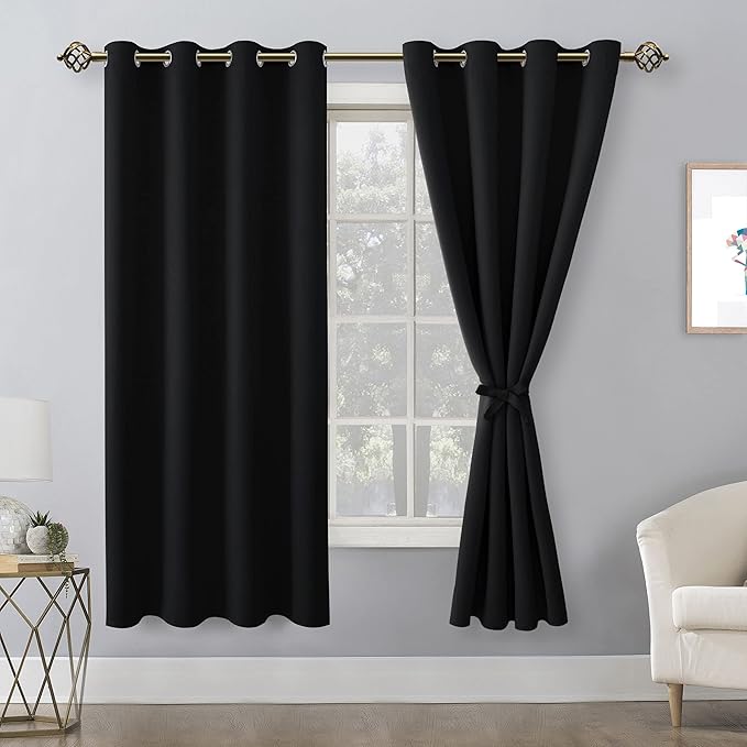 Hiasan Blackout Curtains for Bedroom, 52 x 63 Inches Length - Thermal Insulated & Light Blocking Window Curtains for Living Room, 2 Drape Panels Sewn with Tiebacks, Black - Image 2