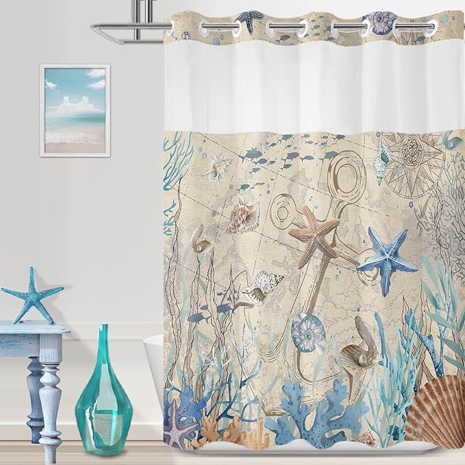 No Hook Shower Curtain with Snap in Liner, Beach Ocean Nautical Coastal Shower Curtains and Liner Set for Bathroom, Seashell Hotel Fabric Bath Curtain, Waterproof Washable, ‌Retro Brown 71" x 74" by TWLSNCD
