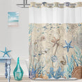 No Hook Shower Curtain with Snap in Liner, Beach Ocean Nautical Coastal Shower Curtains and Liner Set for Bathroom, Seashell Hotel Fabric Bath Curtain, Waterproof Washable, ‌Retro Brown 71" x 74" by TWLSNCD