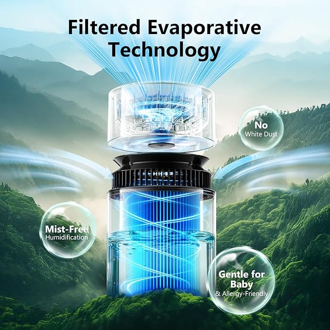 3L Mist-Free Evaporative Humidifier for Bedroom, Top Fill Humidifier Work with Tap Water, Touch Control,USB Powered, Sleep Mode, Night Light,1–8H Timer, Easy-Clean Design for Home Office - Image 3