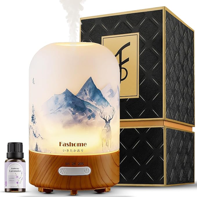 Essential Oil Diffuser Hand Blown Glass, 100ml Small Aromatherapy Diffuser, Auto Shut-Off Function, Ultrasonic Diffusers for Essential Oils, Cool Mist Humidifier with Warm White Lights (Lavender) by Fashome