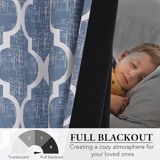 Beauoop 100% Blackout Curtains 63 Inches Long 2 Panels for Bedroom Living Room Blue Moroccan Geo Room Darkening Thermal Insulated Soundproof Rod Pocket Back Tab Window Treatments Drapes, 50x63 - Image 5