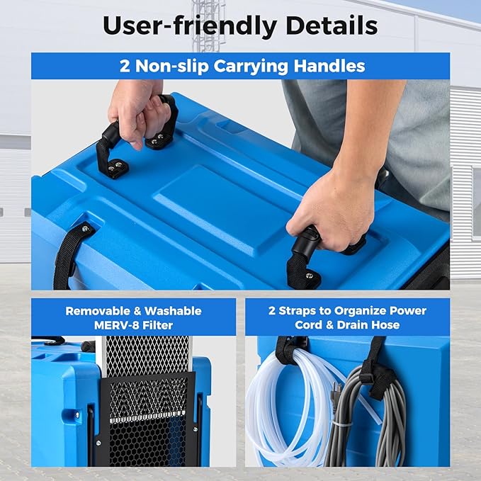 COSTWAY 190 PPD Commercial Dehumidifier with Pump, Rotational Molded Crawl Space Dehumidifier with 26Ft Drain Hose for Water Damage Restoration, Basement (Blue) - Image 2