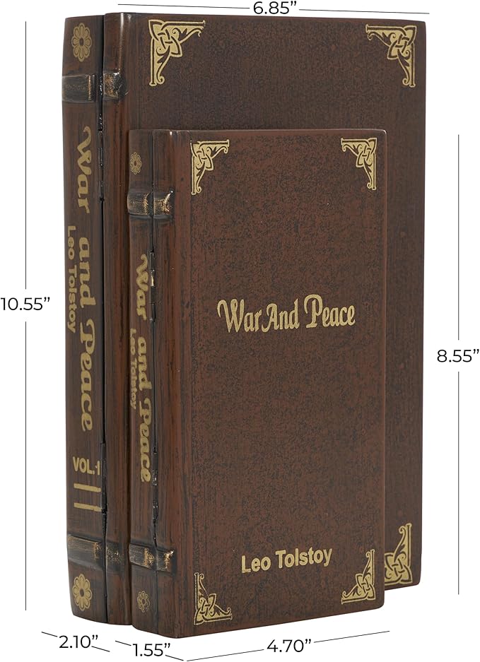 Deco 79 Wooden Decorative Box "War and Peace" Storage Faux Book Decorative Keepsake Boxes, Set of 2 Storage Boxes 11", 9"W, Brown - Image 6