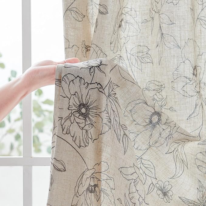 jinchan Linen Floral Curtains for Living Room 84 Inch Length Grey Flower Curtain Rod Pocket Back Tab Farmhouse Curtains with Printed Floral Bedroom Window Curtain Set, 2 Panels Gray - Image 6