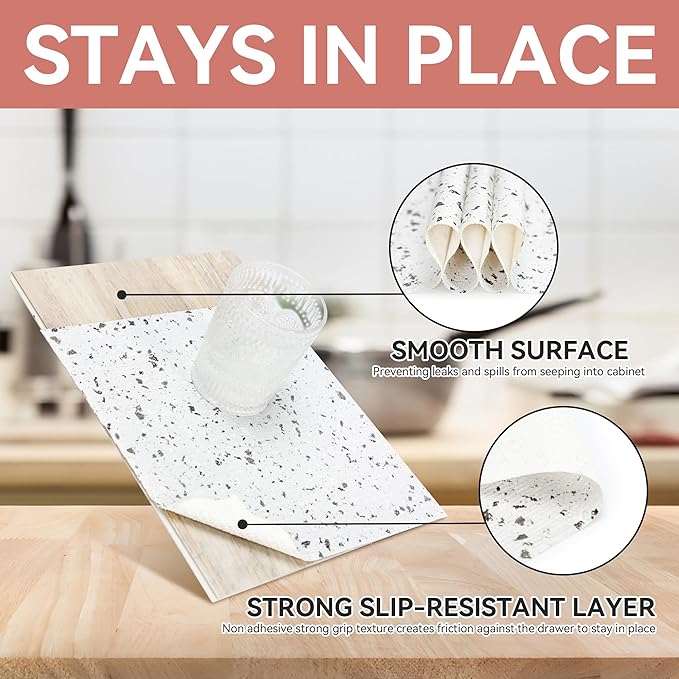 RAY STAR Shelf Liners for Kitchen Cabinets Non-Adhesive, 12 Inch x 5 Feet Trimmable Terrazzo Speckled White Shelf Liner Non Slip Vanity Cabinet Liner Refrigerator Cupboard Pantry Liner Marble - Image 3