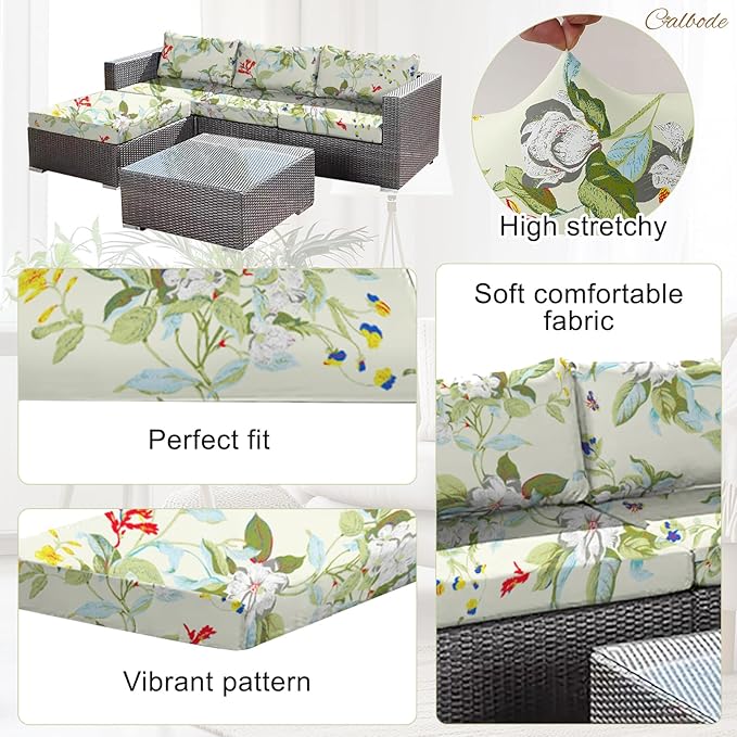 12 Pcs Stretch Sofa Cushion Cover for Patio Floral Waterproof Outdoor Sofa Seat Cushions Covers Summer Tropical Flower Indoor Replacement Couch Slipcover Flexibility Chair Seat Cover - Image 3