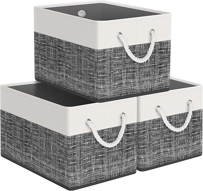 Storage Bin,Collapsible Storage Basket For Organizing,Large Storage Boxes With Rope Handles,Storage Containers,White & Black,3 Pack by StorageTastic