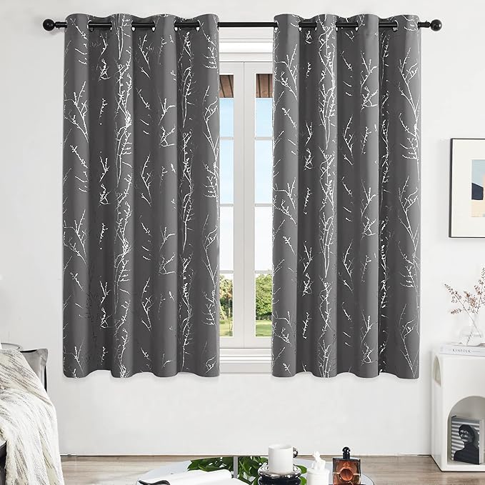 Deconovo Grey Blackout Curtains for Bedroom, Thermal Insulated Soundproof Drapes, Silver Branch Foil Print, 52 x 63 Inches Long, 2 Panels, Machine‑Washable Grommet Window Panel for Living Room Office - Image 2