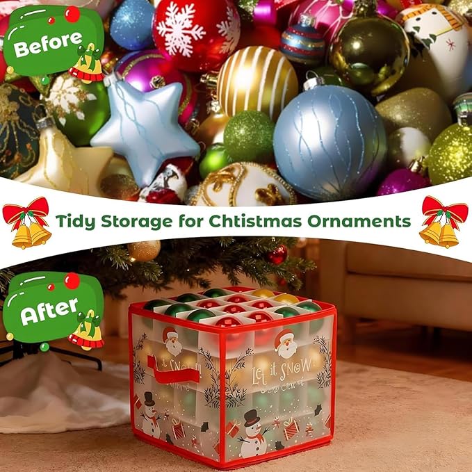 Christmas Bauble and Decoration Storage Cube with Dividers for 64 Balls - Christmas Ornament Storage Box | Folding 4 Layer Holder with DualZipper & Handles | Holiday Decor Organizing Container Bin - Image 6