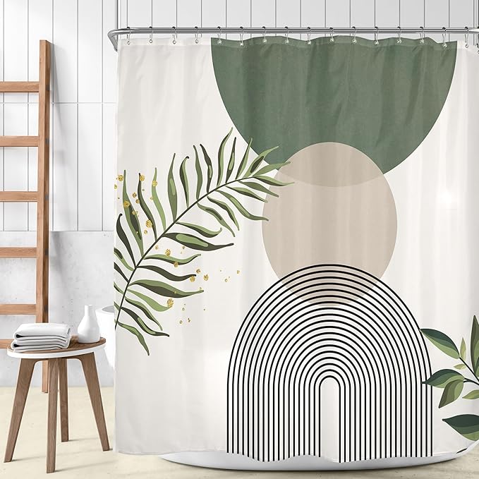 Extra Wide Boho Shower Curtain 180Wx70H Wrap Around Clawfoot Tub Curtain Sage Green Modern Bohemian Abstract Gold Leaves Mid Century Bathroom Decor Minimalist Bath Fabric Polyester 32 Pack Hook - Image 2