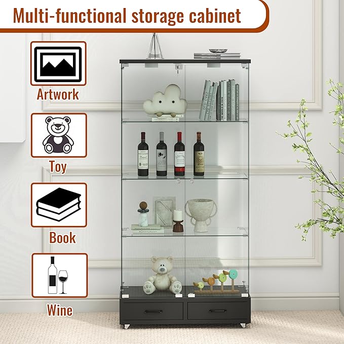 Yoluckea 4-Tier Glass Display Cabinet with LED Lighting and 2 Drawers, 2-Door Floor Standing Curio Cabinet with Wheel for Home, Office, Corner Display, Black Glass Bookshelf for Collections and Decor - Image 4