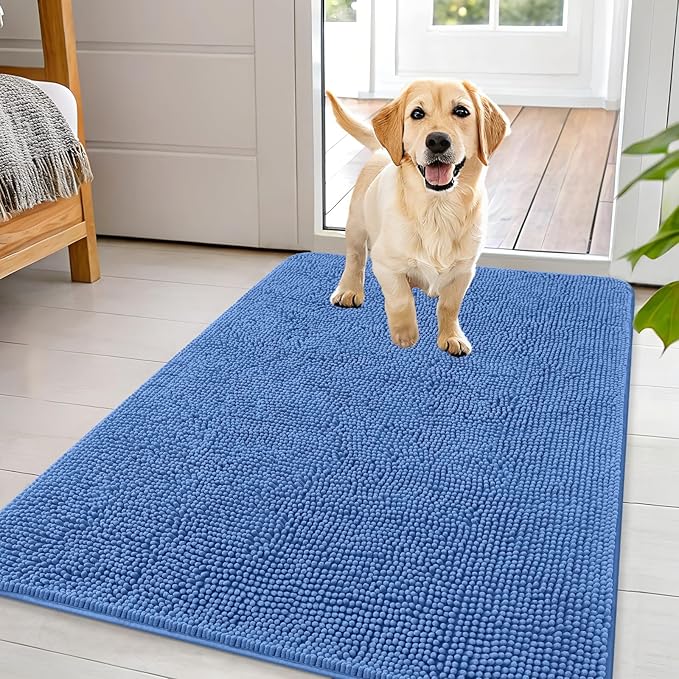 OLANLY Dog Door Mat for Muddy Paws 44x32, Absorbs Moisture and Dirt, Absorbent Non-Slip Washable Doormat, Quick Dry Chenille Mud Mat, Entry Indoor Entryway Carpet for Inside Floor, Cornflower Blue by OLANLY