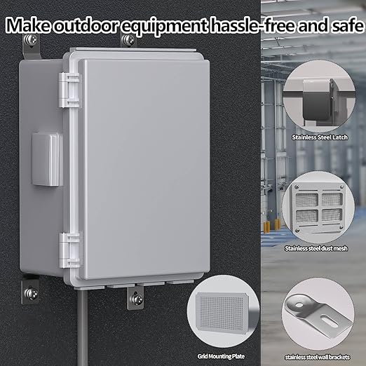 Electrical Junction Box, Ventilated Design, Cable Grommets, Indoor/Outdoor Use with Mounting Panel & Hinged Cover. Waterproof IP 65. (Grey Cover, 11.8"x7.9"x5.1") - Image 3