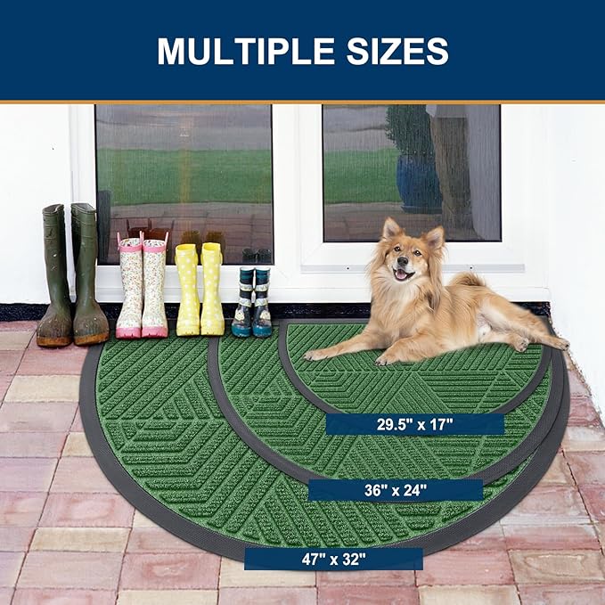 Smiry Half Circle Front Door Mat Outside Entrance, Heavy Duty Sturdy Natural Rubber Doormat, Trap Dirt and Moisture, Low Profile Mats for Indoor Outdoor Entry, Irregular Triangle (29.5x17, Green) - Image 2