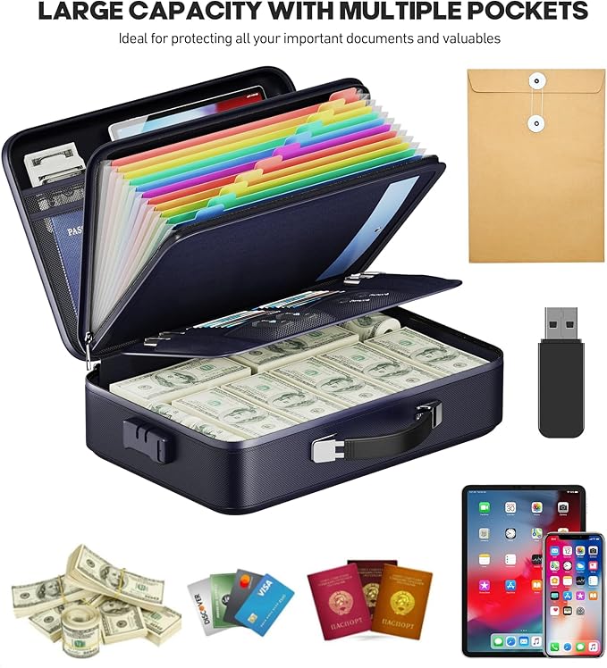 Fireproof Document Box, Hard Case Highly Flame-Resistant Fire Proof Waterproof File Organizer with Lock, Portable Fire Safe for Important Documents & Valuables Storage (Blue, ‎16"*12"*5") - Image 3