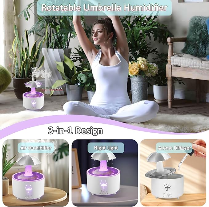 Humidifier for Bedroom, Rotating Umbrella Diffuser with Rain Drop Effect 7-Color LED, 300ML Small Humidifier with Remote & Timer, Funny Rain Humidifiers Gift for Family and Friends (White) - Image 4