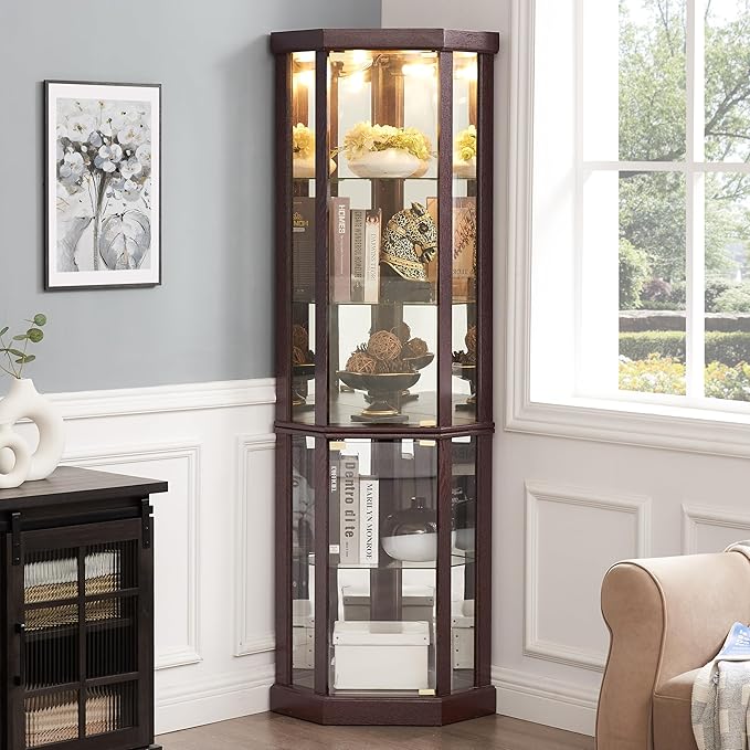 Elegant Corner Curio Cabinet with Lights & Tempered Glass Door, Wooden Display Cabinet with 4 Adjustable Glass Shelves & Mirrored Back for Living Room, Dining Room, Office (Dark Cherry) - Image 3