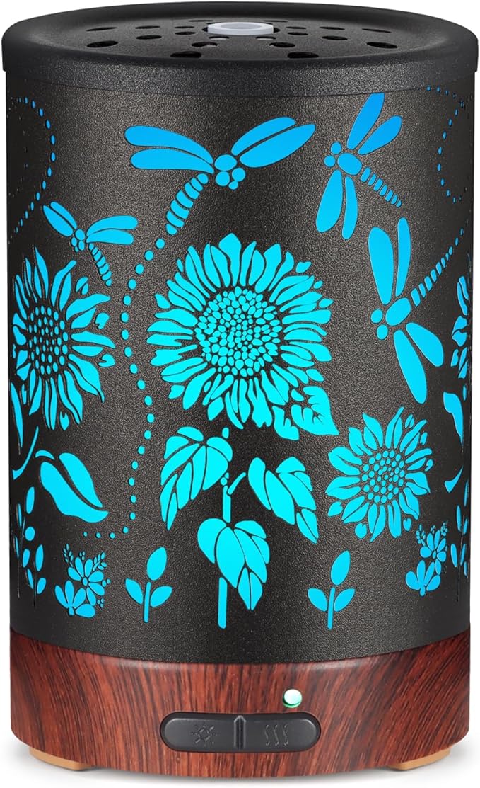 Essential Oils Diffuser,Christmas Aromatherapy Diffuser,Birthday Gifts for Women Mom Grandma,Metal Cool Mist Humidifier with 7 Colors Lights Waterless Auto Off Air Diffusers (Sunflower) by Kobodon